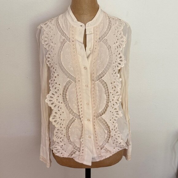 Reiss 2 Embroidered detailed Cream Blouse fancy collar button front long sleeve - Picture 1 of 9